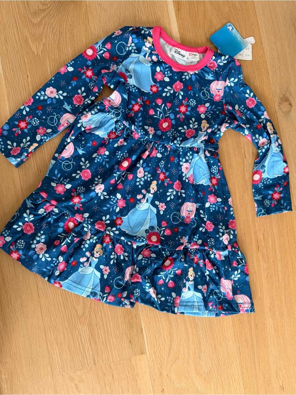 Disney Blue Cinderella Floral Long Sleeve Dress with Pink Trim